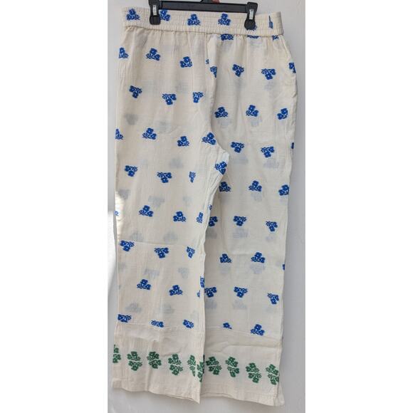Zara Women's Pants Wide Leg Embroidered Flowers Cream Green/Blue Size Large - Picture 3 of 13